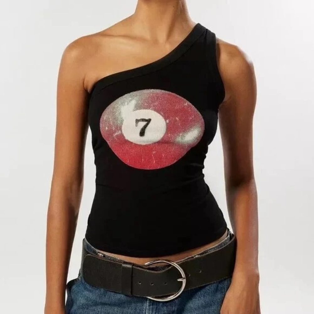 Urban Outfitters Black One-Shoulder Top with Red Pool Ball Graphic